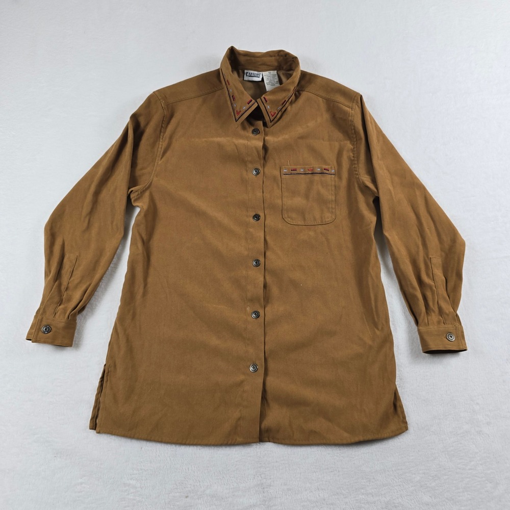 Capacity Women Brown Faux Suede Western Button Up Shirt Embroidered Small